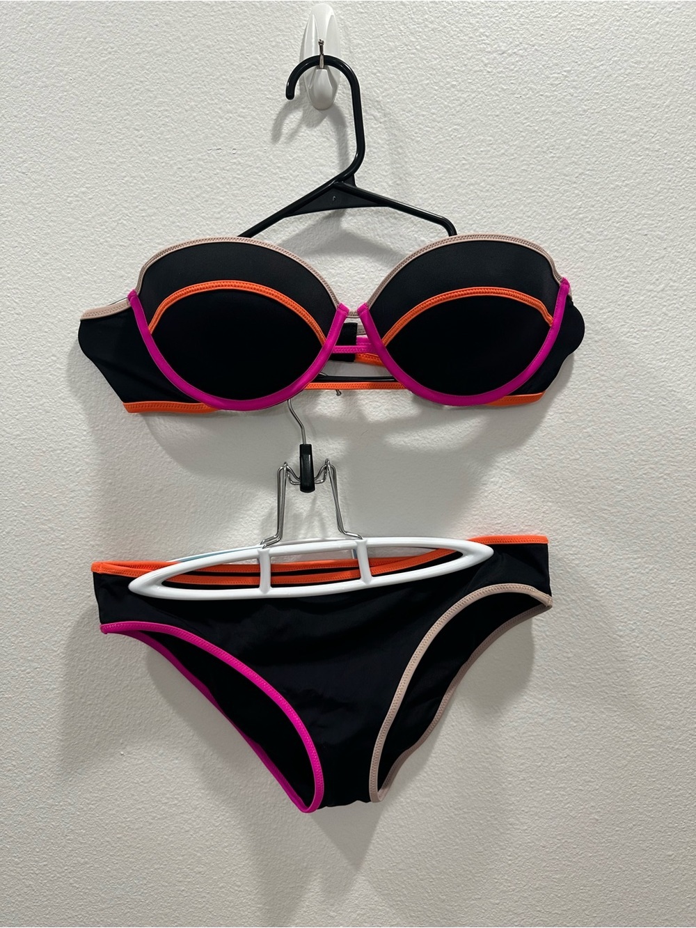 Victoria's Secret Black Bandeau color block Bikini with Neon Pink & Orange Trim